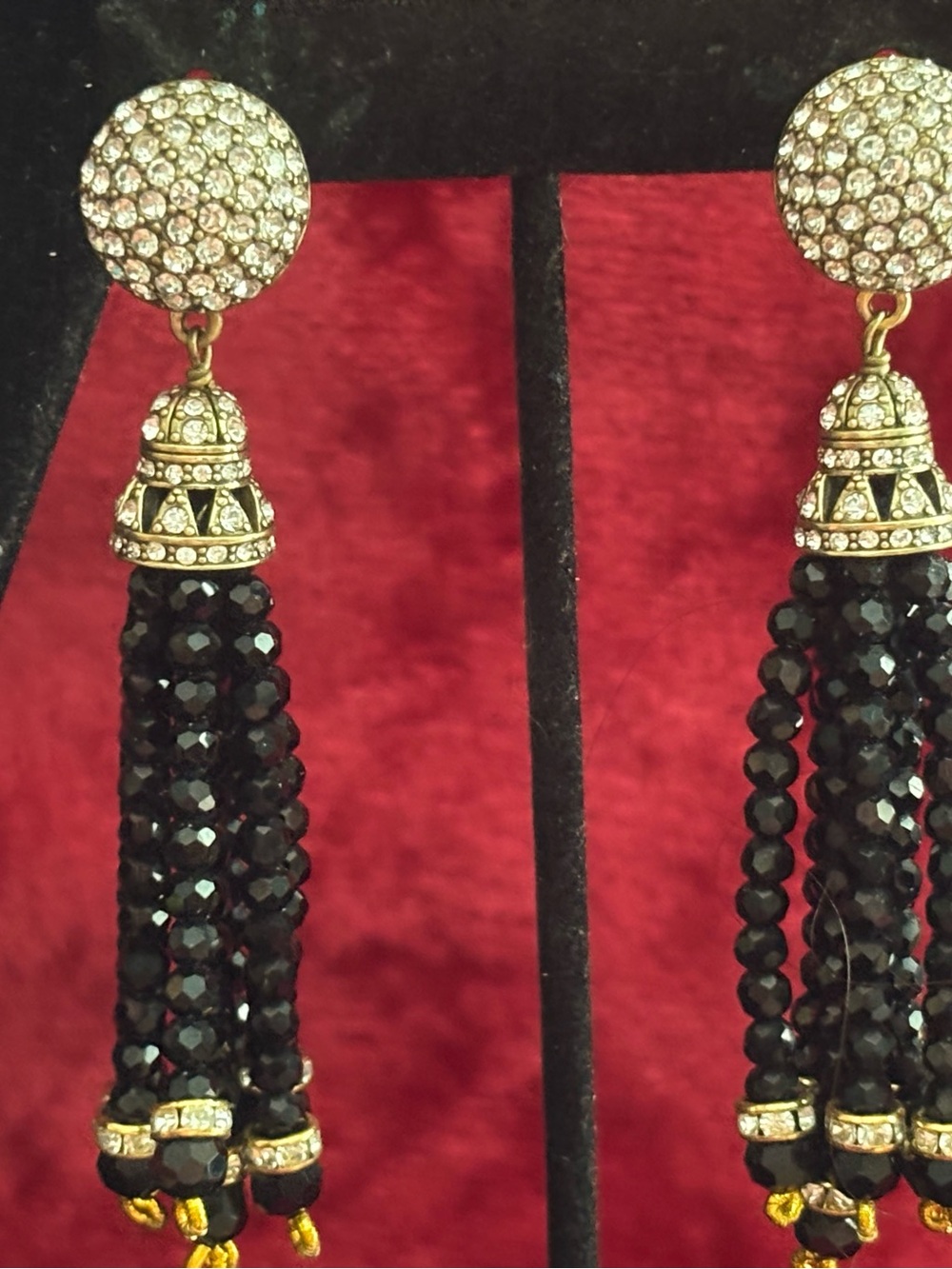 Heidi Daus Gold & Black Crystal Tassel Earrings